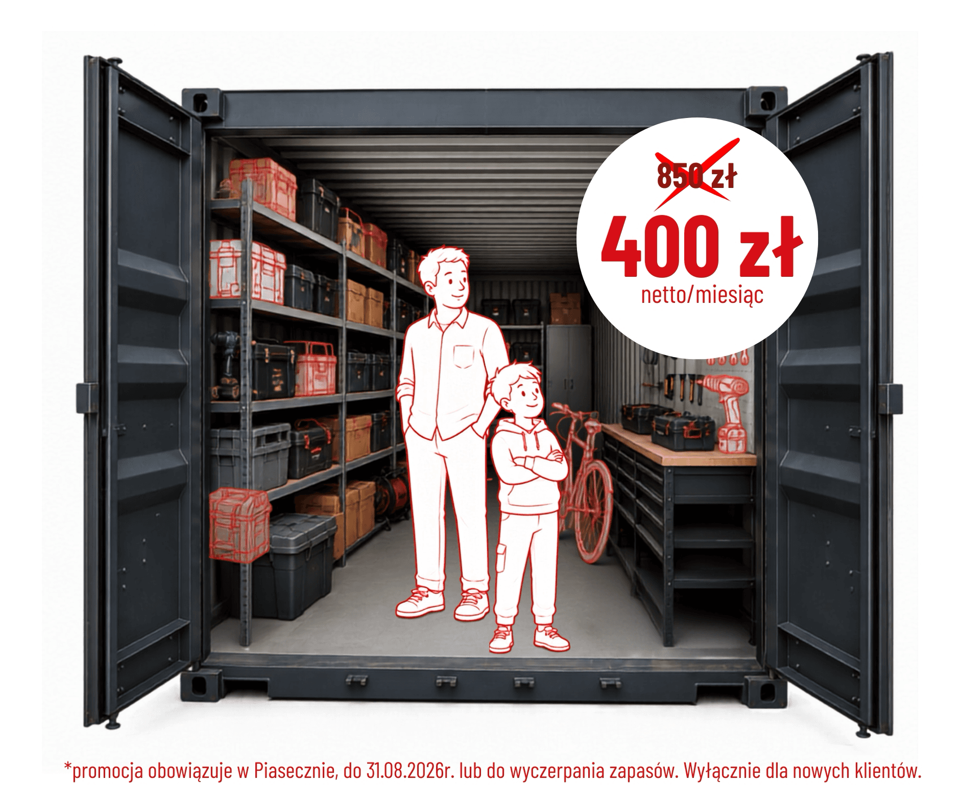 Kontener magazynowy wypełniony uporządkowanymi rzeczami — promocja Celtic Self Storage Piaseczno, 400 zł netto/miesiąc