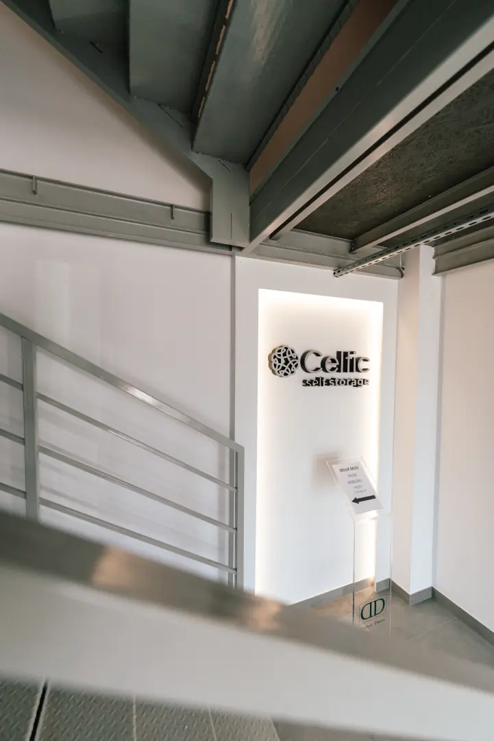 Logo Celtic Self Storage na ścianie w holu wejściowym — schody i drogowskaz
